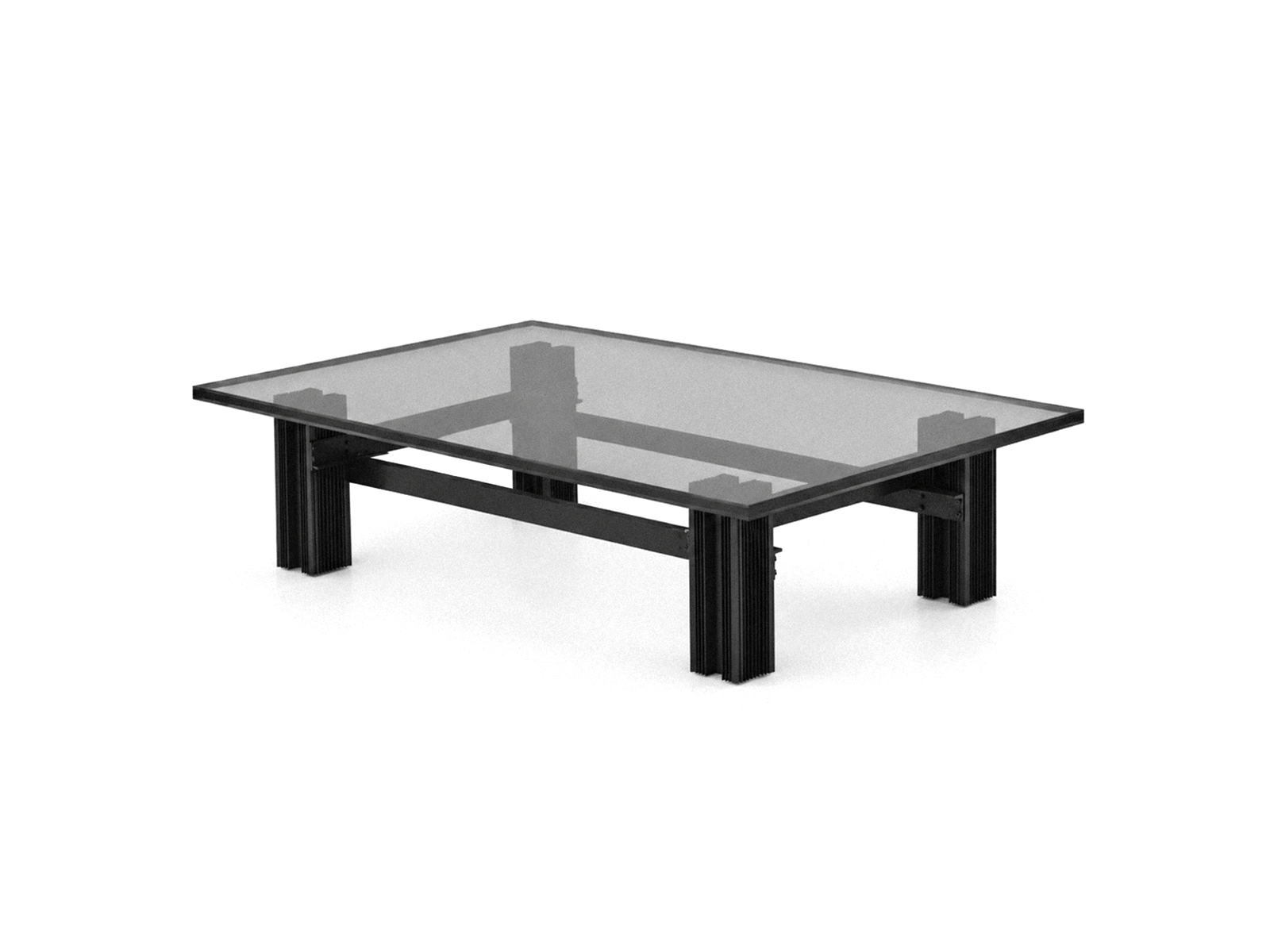 TABLE S, a low glass table with black extruded aluminium legs