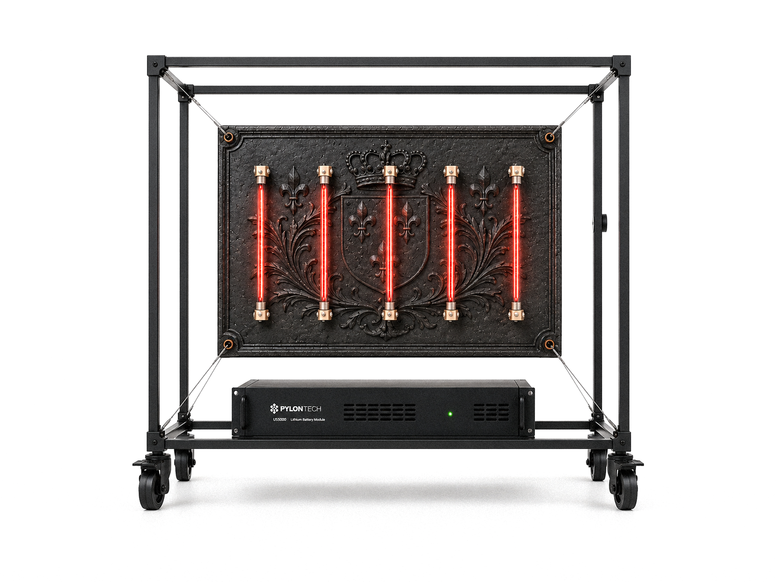 Mobile radiant electric fireplace with cast-iron plate and infrared tubes