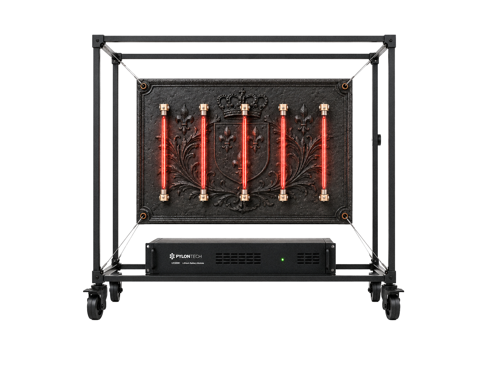 Mobile radiant electric fireplace with cast-iron plate and infrared tubes