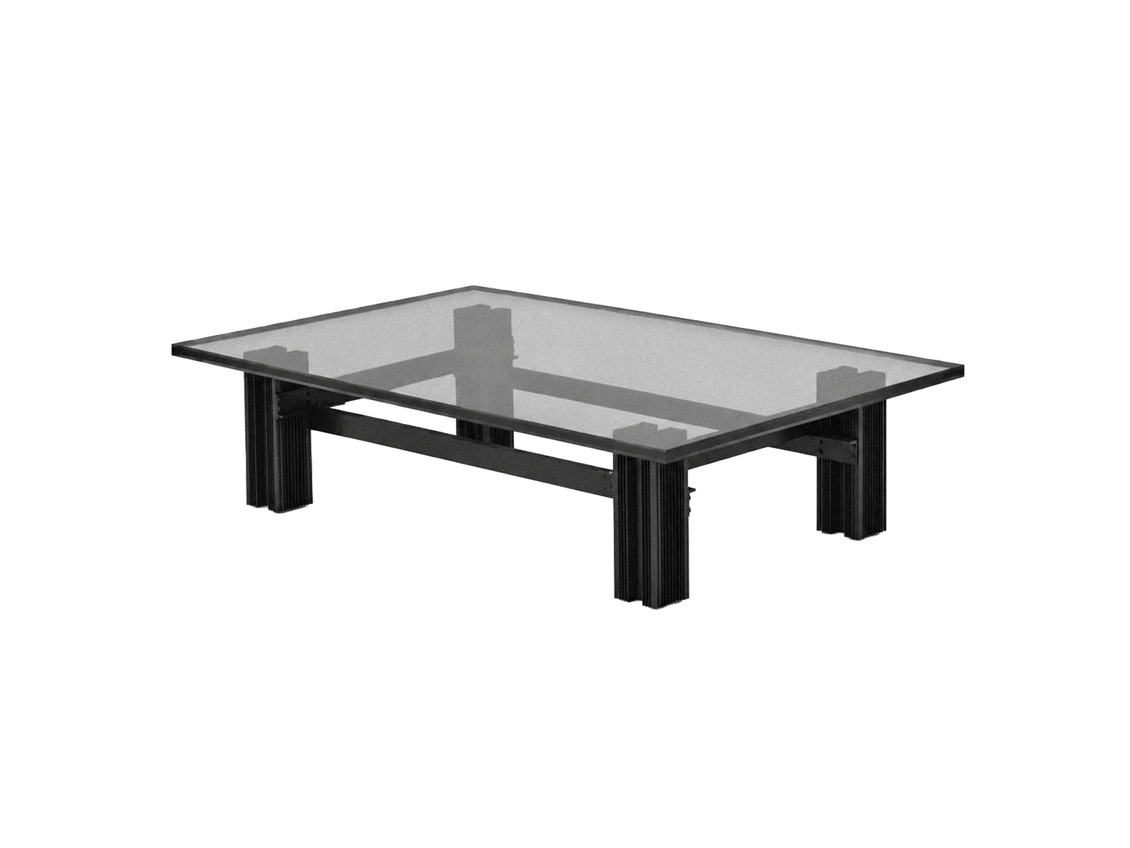 TABLE S, a low glass table with black extruded aluminium legs